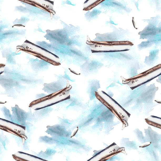 морской бесшовный рисунок.буи и лодки на синем море изолированная иллюстрация на белом фоне - buoy anchored sea wave stock illustrations