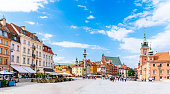 Panoramic View Of Warsaw Old Town Center - Castle Square And Zamek Królewski w Warszawie (Royal Castle in Warsaw) Against Blue Sky.