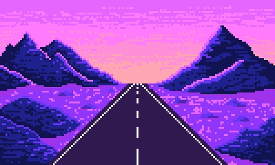 Pixel straight highway in neon desert. Purple synthwave 8bit valley with asphalt road stretching into horizon with sand and vector hills.