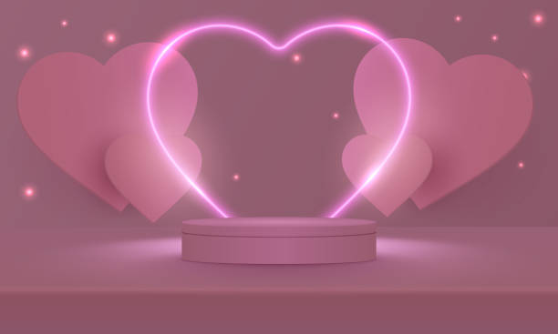 istock Stage podium decorated with heart shape lighting. Pedestal scene with for product, advertising, show, on light pink background. Valentine concept. Backdrop of love. Minimal style. Vector illustration. 1545689421