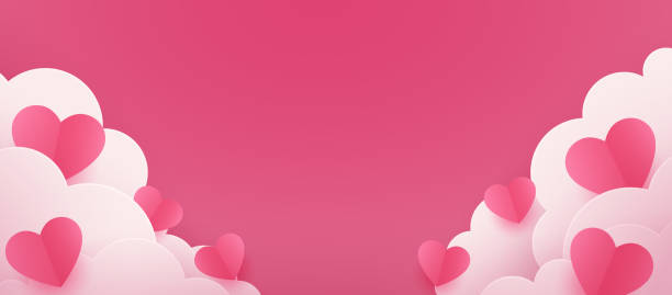 istock Happy Valentine's day poster or voucher. Beautiful paper cut white clouds with white glowing neon heart frame on pink background. Vector illustration. Papercut style. Place for text 1545689979