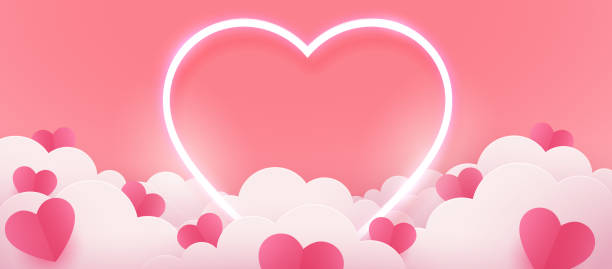 istock Happy Valentine's day poster or voucher. Beautiful paper cut white clouds with white glowing neon heart frame on pink background. Vector illustration. Papercut style. Place for text 1545690489