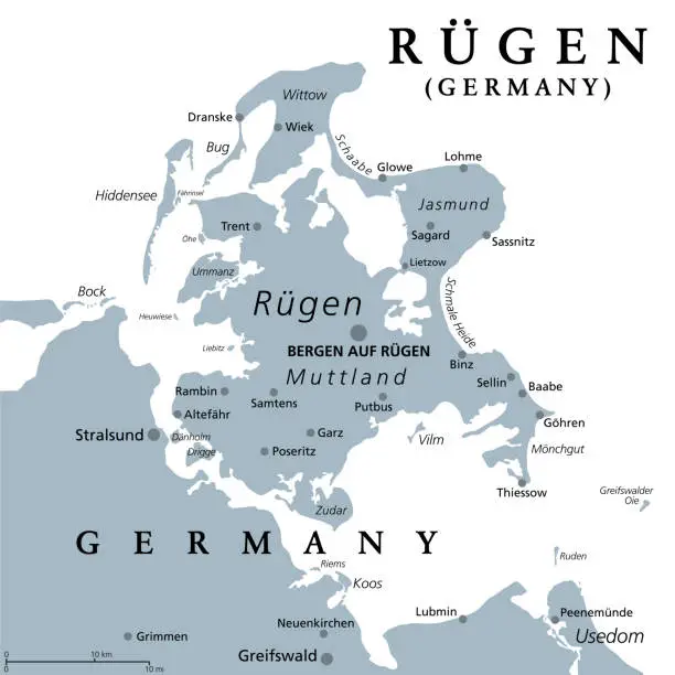 Vector illustration of Rügen, Ruegen, or Rugia, the largest island of Germany, gray political map