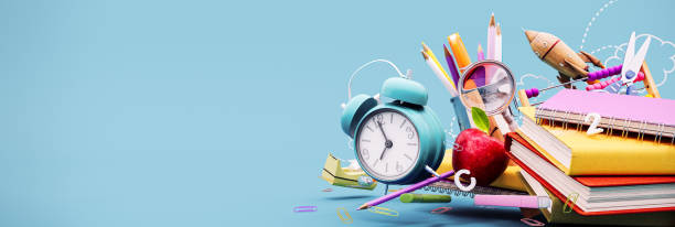 istock School accessories on blue background with copy space. Ready for school concept. 1545703181