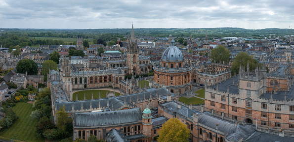Wide angle aerial view of Cambridge city centre, the University of Cambridge and St John's College Chapel can be seen.