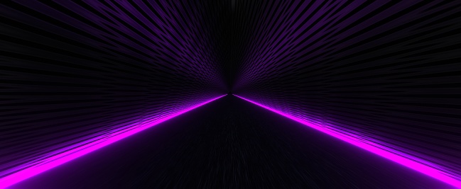 Techno tunnel with purple lights background. Darl neon cyber corridor with 3d render straight highway futuristic design and violet glowing led lines