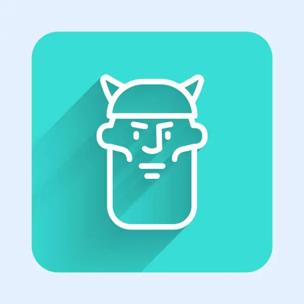 Vector illustration of White line Viking head icon isolated with long shadow background. Green square button. Vector