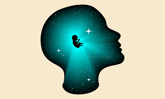 Inner child psychologic conceptual illustration with human head silhouette with a child silhouette inside of it. Vector illustration. Starry sky inside human head with child embryo