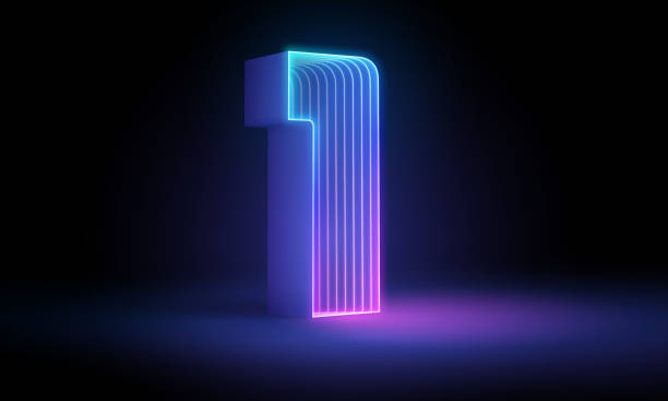 stockillustraties, clipart, cartoons en iconen met vector render, number one, the best digital symbol, pink blue gradient neon light glowing in the dark. 3d render, number one glowing in the dark, pink blue neon light. abstract cosmic vibrant color digit neon glow. glowing neon lighting on dark background - getal 1