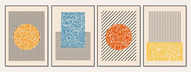 Vector illustration of Trendy set of abstract creative minimalist artistic hand painted composition ideal for wall decoration, as postcard or brochure design, vector. Contemporary mid century posters with geometric shapes