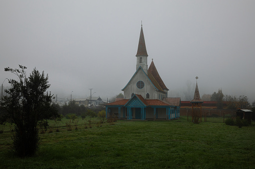 Foggy landscape church in south Chile
Valdivia province
