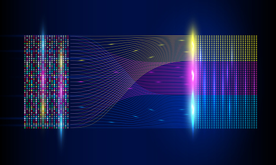 Big data visualization. Information analytics concept. Abstract stream information with ball array and binary code. Filtering machine algorithms. Sorting data. Vector technology background.