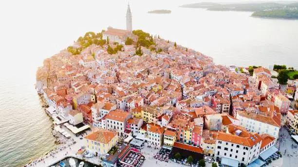An aerial view of the centre of Rovinj, Croatia, with a view of the Church of Saint Euphemia in the background