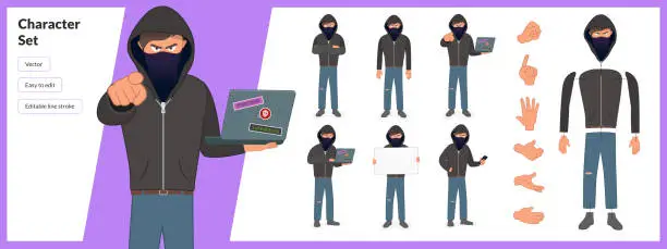 Vector illustration of Vector illustration of a mystery hacker, wearing a hoodie in a set of multiple poses.