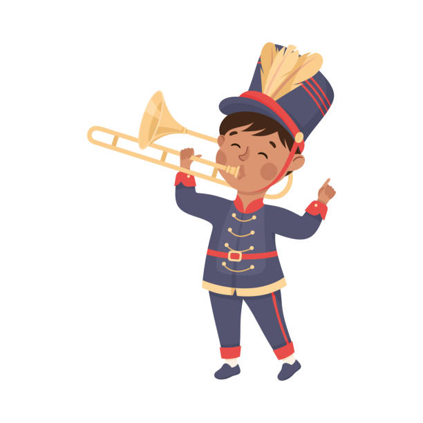 マーチングバンドパレードの漫画ベクターイラストでトランペット楽器を演奏するかわいい - parade marching band trumpet musical instrument点のイラスト素材／クリップアート素材／マンガ素材／アイコン素材