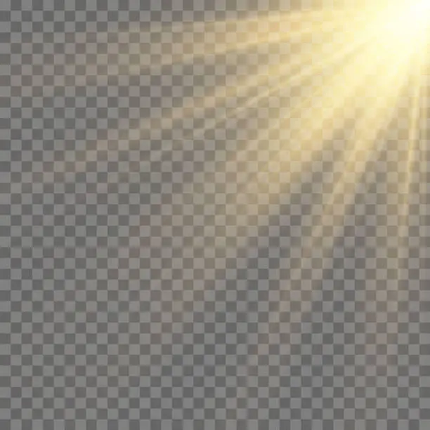 Vector illustration of Yellow sun with rays and glow on transparent like background. Contains clipping mask.