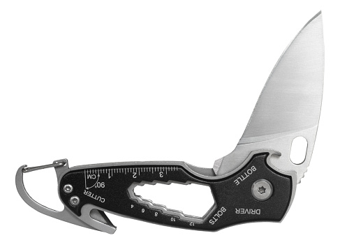 Folding knife partially open on a multi tool with wrench, cutter and more.