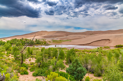 A desert river flooding during mountain storms along the sand dunes of the Great Sand Dune National Park, Colorado.