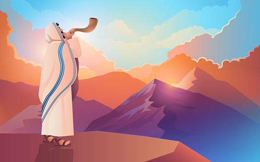 Vector artwork of a Jewish man blowing the Shofar ram's horn on a beautiful mountain and cloudscape background, for Rosh Hashanah and Yom Kippur day, vector illustration