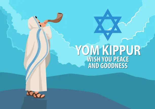 Vector illustration of Jewish man blowing the Shofar ram’s horn on Rosh Hashanah and Yom Kippur day