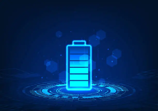 Vector illustration of Battery technology is located on the technology circle projecting the battery. with elements of geometric shapes and lines that connect attractively It's a vector technology illustration.