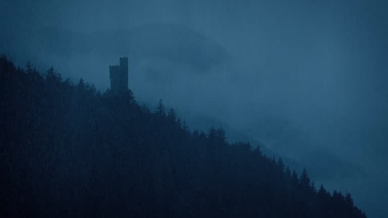 Rain Storm On Castle In The Misty Mountains