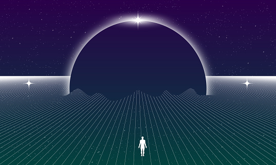 Self searching mental psychologic concept with abstract human silhouette walking through the retro digital grid surface in search of the unknown. Vector vaporwave Synthwave wireframe net illustration