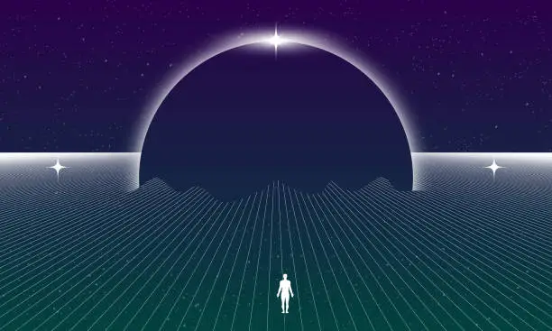 Vector illustration of Self searching mental psychologic concept with abstract human silhouette walking through the retro digital grid surface in search of the unknown. Vector vaporwave Synthwave wireframe net illustration