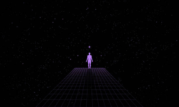 istock Self searching mental psychologic concept with abstract human silhouette walking through the retro digital grid surface in search of the unknown. Vector vaporwave Synthwave wireframe net illustration 1545759240