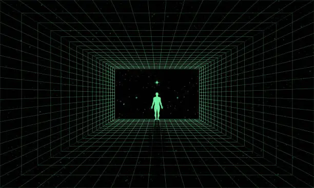 Vector illustration of Self searching mental psychologic concept with abstract human silhouette walking through the retro digital grid surface in search of the unknown. Vector vaporwave Synthwave wireframe net illustration