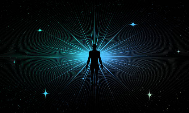 istock Human being or individuality or personality psychologic concept with abstract human body silhouette surrounded golden rays on black background. Vector illustration 1545759880