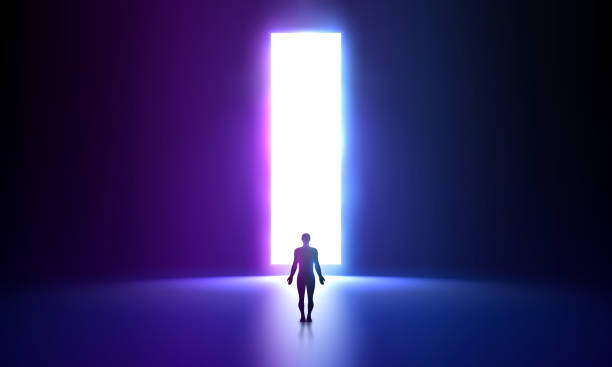 istock Neon background disco concept.  A man stands in front of a portal. Large white space in front of a human silhouette. Retrowave, synthwave, vaporwave illustration light through the brightly glowing pink portal and a man 1545759881