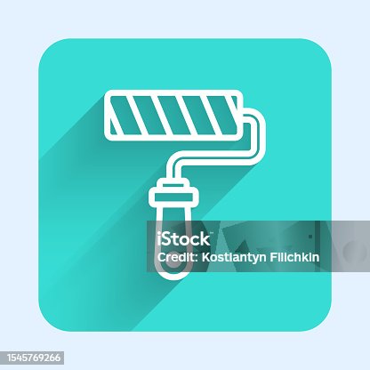 istock White line Paint roller brush icon isolated with long shadow background. Green square button. Vector 1545769266