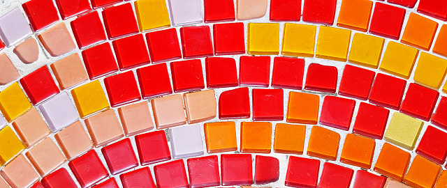 Colorful of red, pink, orange and white mosaic tile floor or wall for background. Art design wallpaper, Cracked, Shape and Abstract