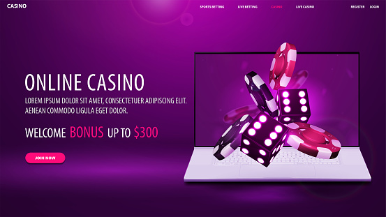 Online casino, violet web banner with offer, laptop, dice and casino chips flying out of the monitor