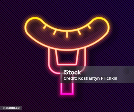 istock Glowing neon line Sausage on the fork icon isolated on black background. Grilled sausage and aroma sign. Vector 1545800333