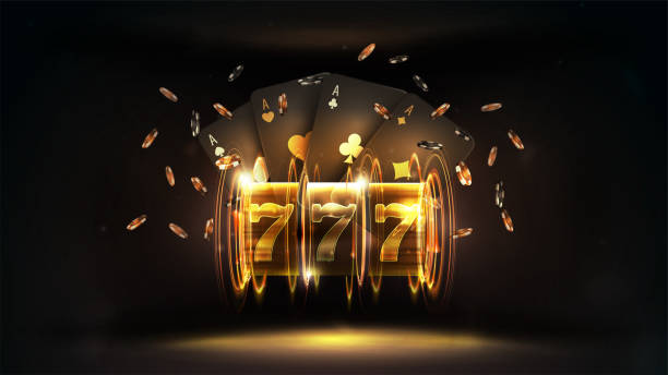 istock Gold neon shine Casino slot machine with black playing cards and poker chips on dark empty scene 1545800350