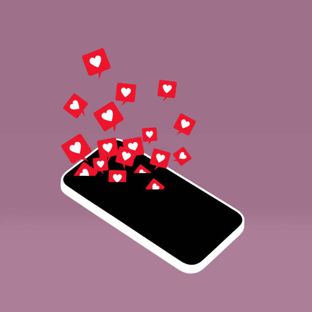 istock Mobile phone with black blank screen, like symbols from social networks Mockup with empty copy space 1545801122