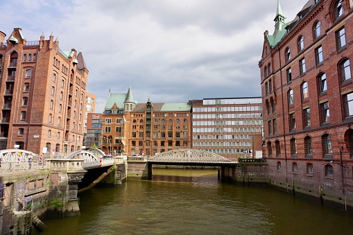The Speicherstadt in summer. Hamburg in summer. Warehouse city in Hamburg. Red brick buildings.