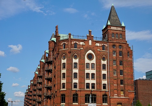 The Speicherstadt in summer. Hamburg in summer. Warehouse city in Hamburg. Red brick buildings.