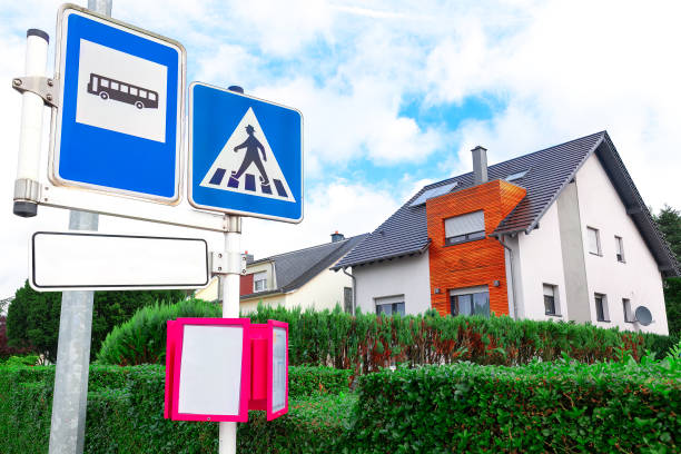 Road signs and modern houses