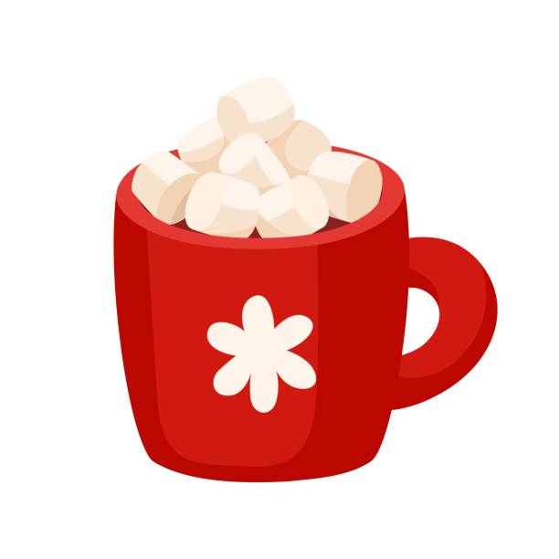 Hot chocolate or cocoa with marshmallows in red mug with snowflake. Christmas drink vector illustration. Hot chocolate or cocoa with marshmallows in red mug with snowflake. Christmas drink vector illustration isolated on white background. marshmallow chocolate stock illustrations