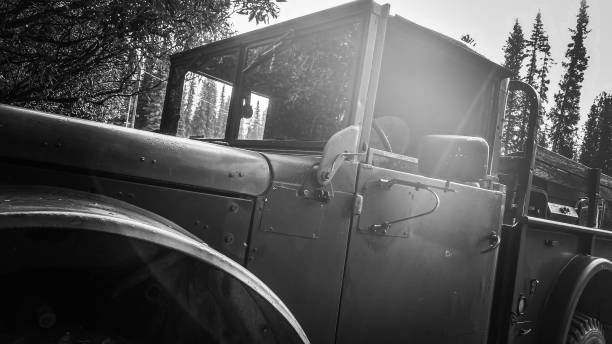 Vintage school bus converted to a camper photographed in infrared.