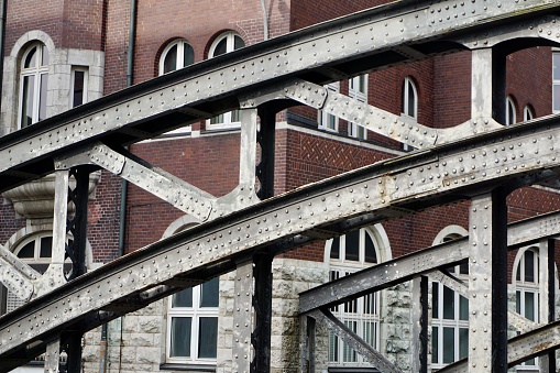 The Speicherstadt in summer. Hamburg in summer. Warehouse city in Hamburg. Red brick buildings.