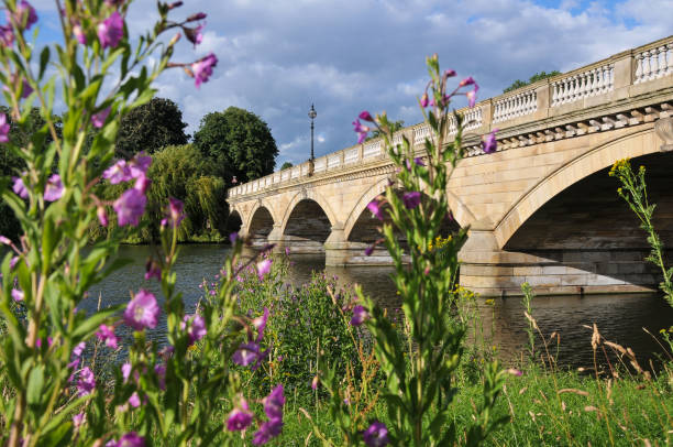 Serpentine Bridge in Hyde Park in London with Colourful Flowers The picturesque Serpentine Bridge adorned with vibrant flowers in Hyde Park, London. hyde park flowers stock pictures, royalty-free photos & images