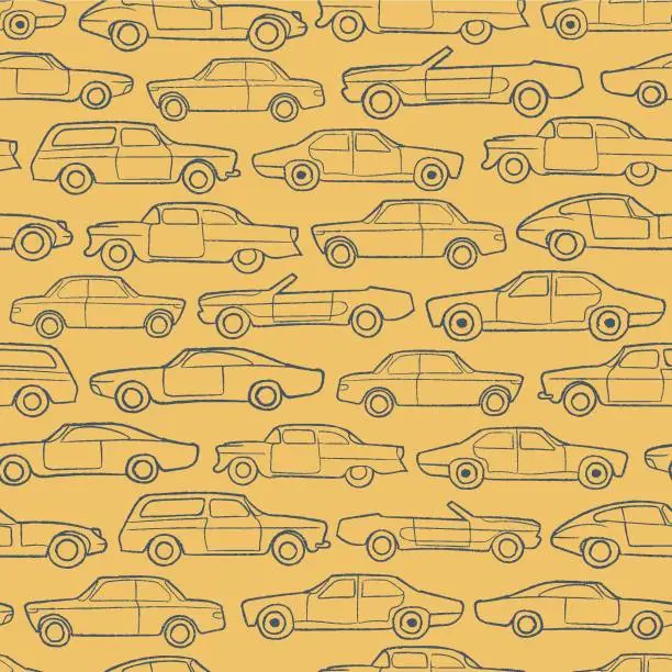 Vector illustration of Vector old cars sketches yellow seamless pattern