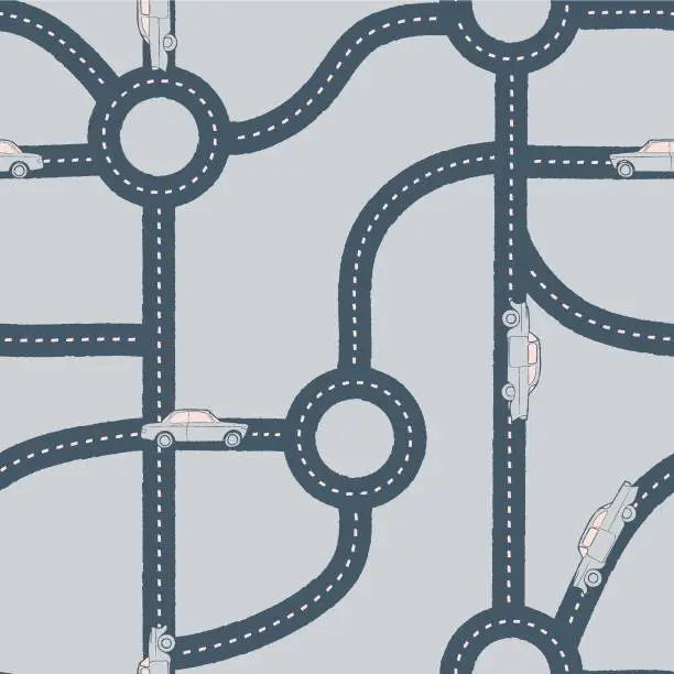 Vector illustration of Vector blue white grey roads cars seamless pattern