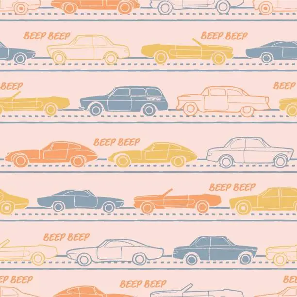 Vector illustration of Vector orange grey ecru vehicles seamless pattern