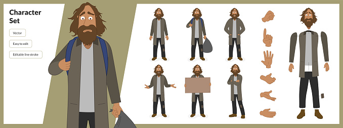 Vector illustration of homeless refugee man, in a set of multiple poses. Easy to edit with editable line strokes and isolated on white background. Suitable for animation.