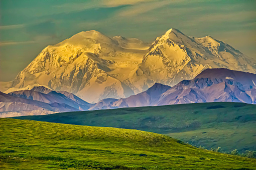 A striking picture of Denali at sunrise with green fields in the foreground